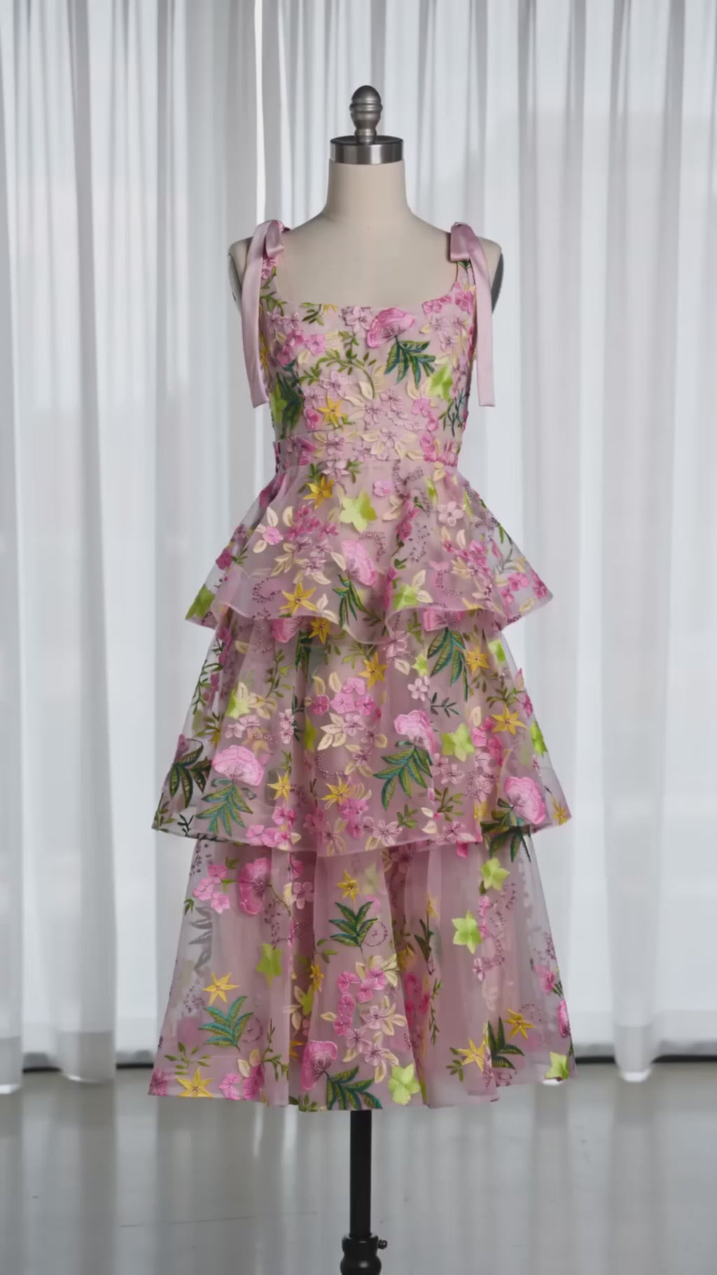 Floral Embroidered Tiered Mesh Midi Dress with Tie Straps