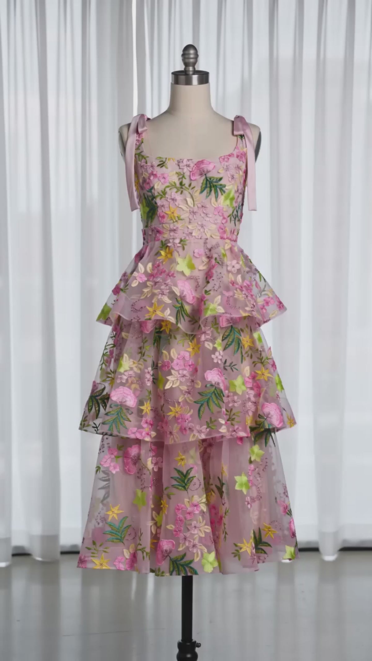 Floral Embroidered Tiered Mesh Midi Dress with Tie Straps