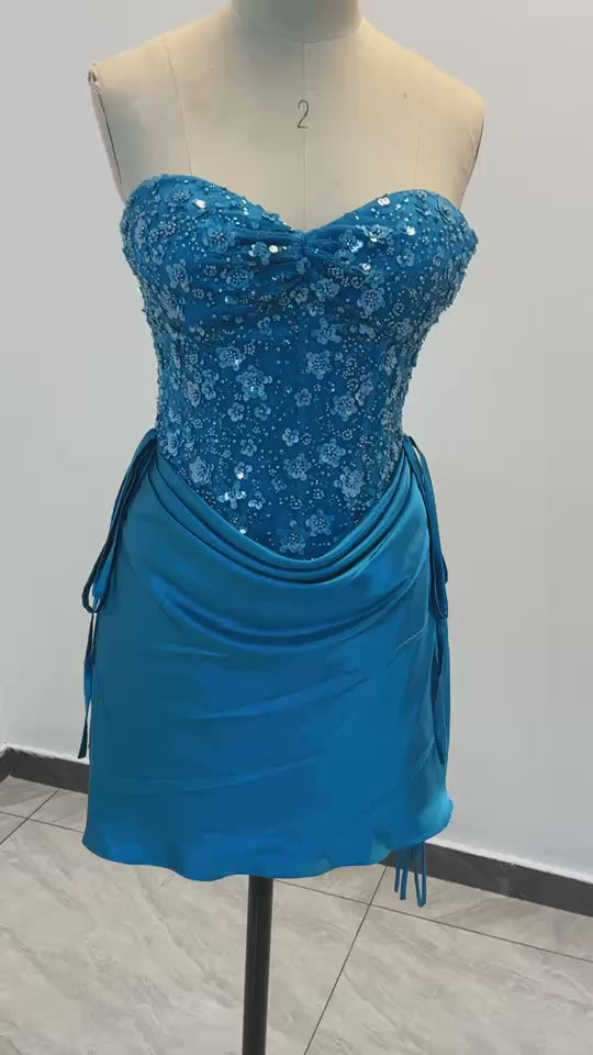 Strapless Beaded Corset Mini Dress with Lace-Up Back