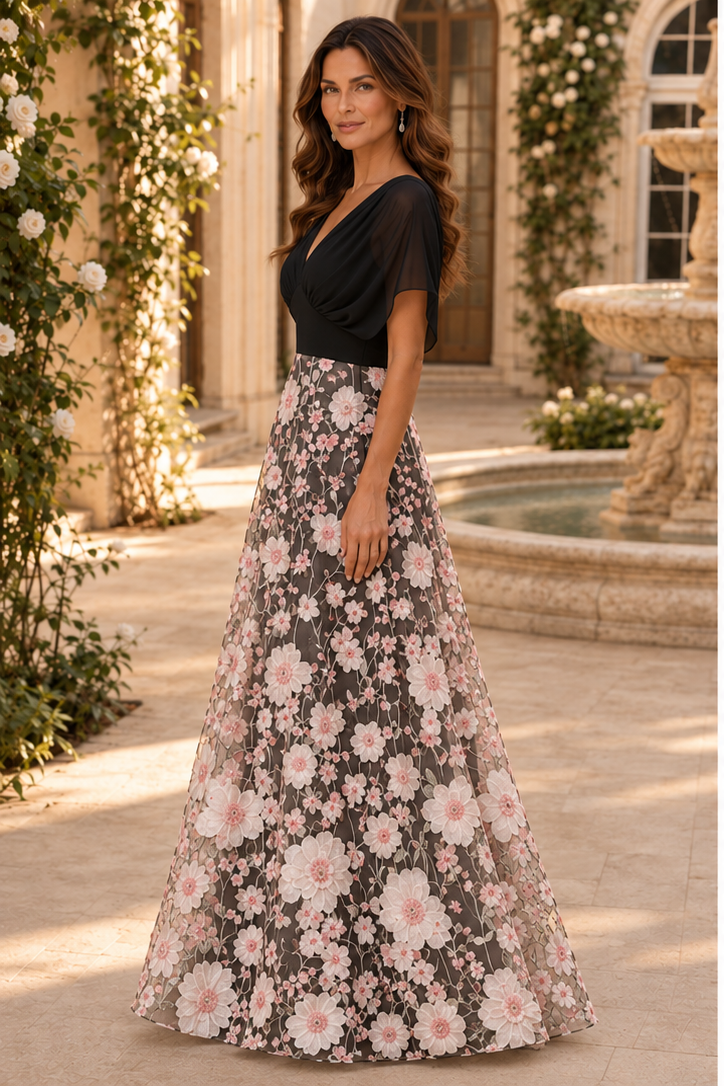 V-Neck Flutter Sleeve Floral A-Line Gown